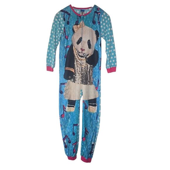 Sleep On It Girls Blue Footless One Piece LG‎ Fleece Pajamas Fancy Panda Bear - Picture 1 of 7